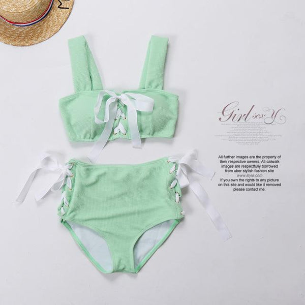 2019 Summer Sweety Women's High Waist Swimsuit Bikini Hollow Swimwear Girls Sexy Bandage Swim Wear Cross Bathing Suits Two Piece