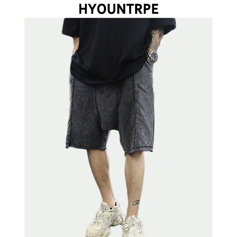 Men Retro Loose Cross Shorts New Fashion Washed Cotton Half Length Sweatpant Casual Elastic Waist Ripped Hip Hop Streetwear Pant