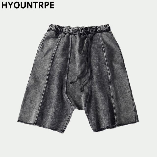 Men Retro Loose Cross Shorts New Fashion Washed Cotton Half Length Sweatpant Casual Elastic Waist Ripped Hip Hop Streetwear Pant