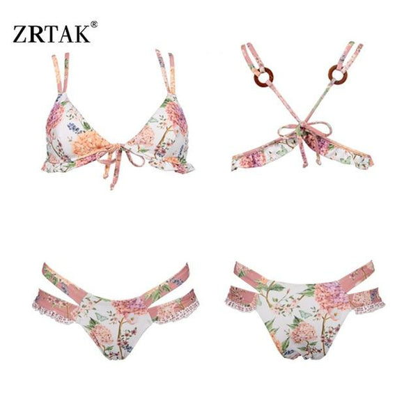 Zrtak Ruffle Bikini Bandage Floral Bow Swimsuit Female Swimwear Print Lace UP Biquini Feminino Bathing Suit Women Bikini Set
