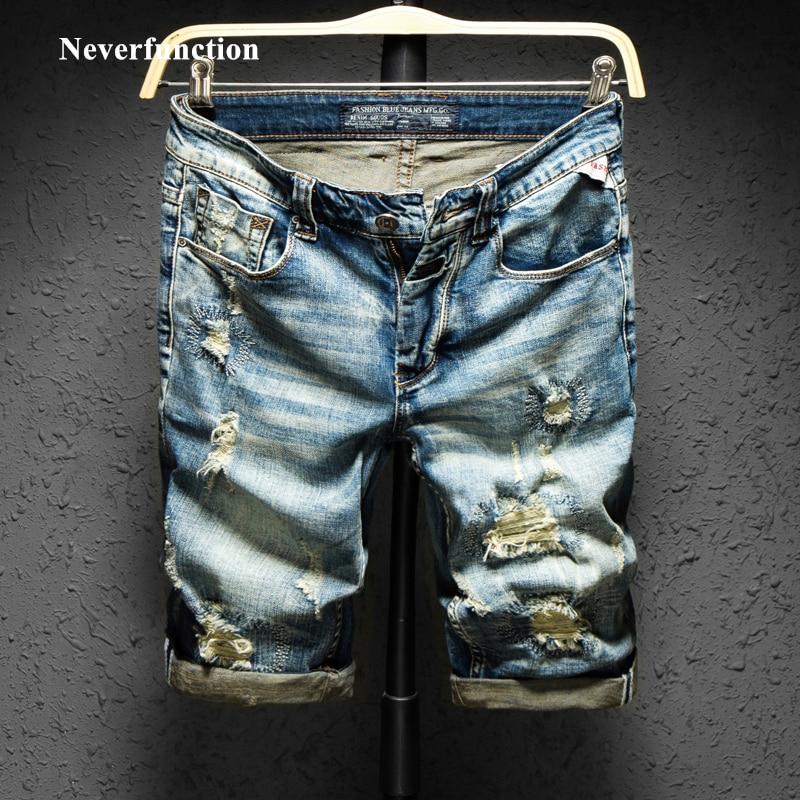 Summer New Streetwear Men Ripped Jeans Short Brand Clothing  Bermuda Retro Holes Casual Straight Denim shorts Male Size 28-38