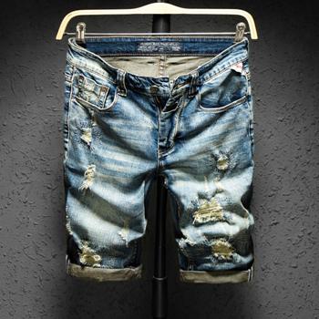 Summer New Streetwear Men Ripped Jeans Short Brand Clothing  Bermuda Retro Holes Casual Straight Denim shorts Male Size 28-38