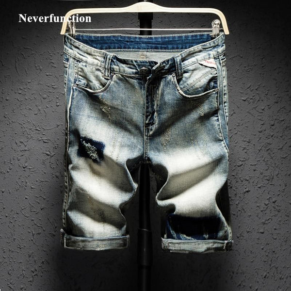 New Men Retro Ripped Holes Bermuda Straight Jeans Short Fashion Hip hop Mens Casual Loose Summer Beach Denim shorts Size 38