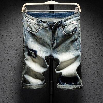 New Men Retro Ripped Holes Bermuda Straight Jeans Short Fashion Hip hop Mens Casual Loose Summer Beach Denim shorts Size 38