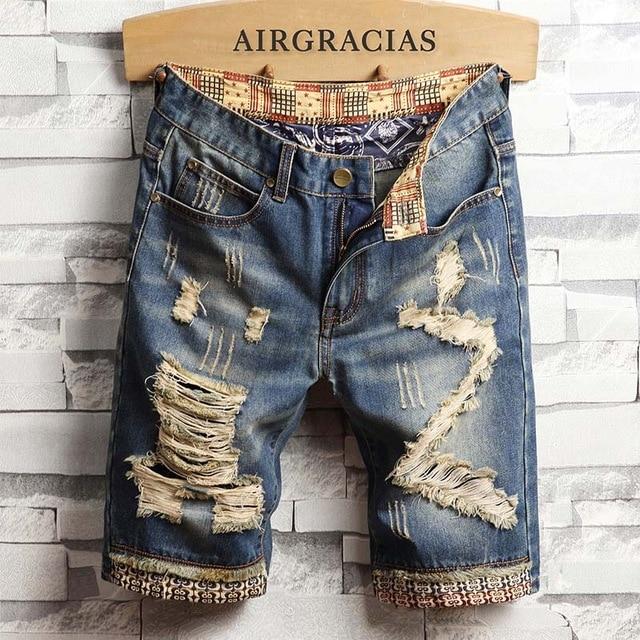 AIRGRACIAS Mens Shorts Ripped Hole Jeans Brand Clothing Cotton Short Breathable Denim Shorts Men New Fashion Bermuda Homme