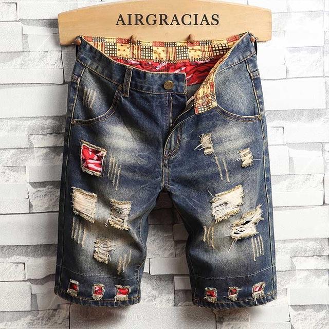 AIRGRACIAS Mens Shorts Ripped Hole Jeans Brand Clothing Cotton Short Breathable Denim Shorts Men New Fashion Bermuda Homme