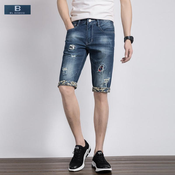 [EL BARCO] New Fashion Denim Cotton Ripped Shorts Jeans Men Bermuda Summer Knee-Length Pocket Blue Male Short Trousers Plus Size
