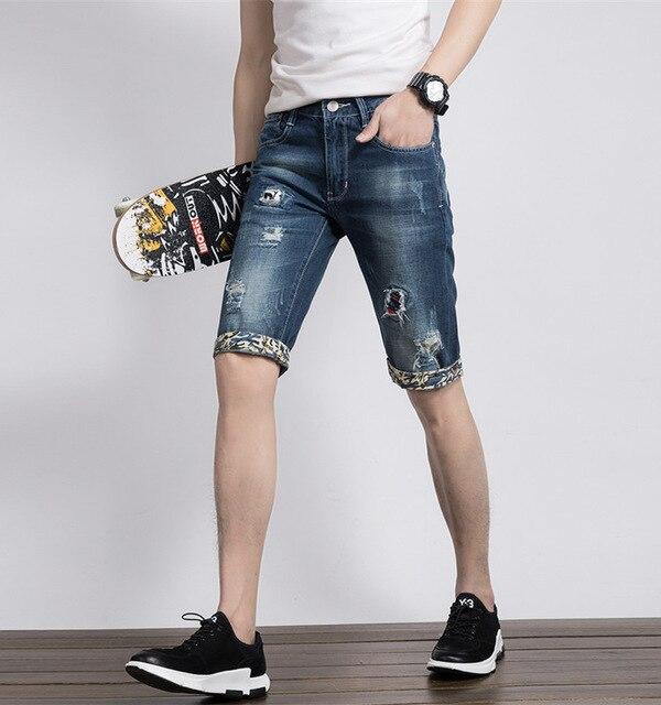 [EL BARCO] New Fashion Denim Cotton Ripped Shorts Jeans Men Bermuda Summer Knee-Length Pocket Blue Male Short Trousers Plus Size