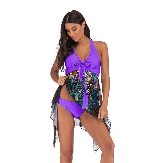 Plus Size Tankini Set Women Two Piece Print Backless Swimsuit Swim Dress Halter Sexy Swimming Suit Beach Bathing Suit Skirt 5XL