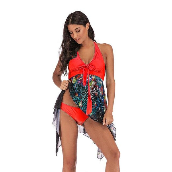 Plus Size Tankini Set Women Two Piece Print Backless Swimsuit Swim Dress Halter Sexy Swimming Suit Beach Bathing Suit Skirt 5XL