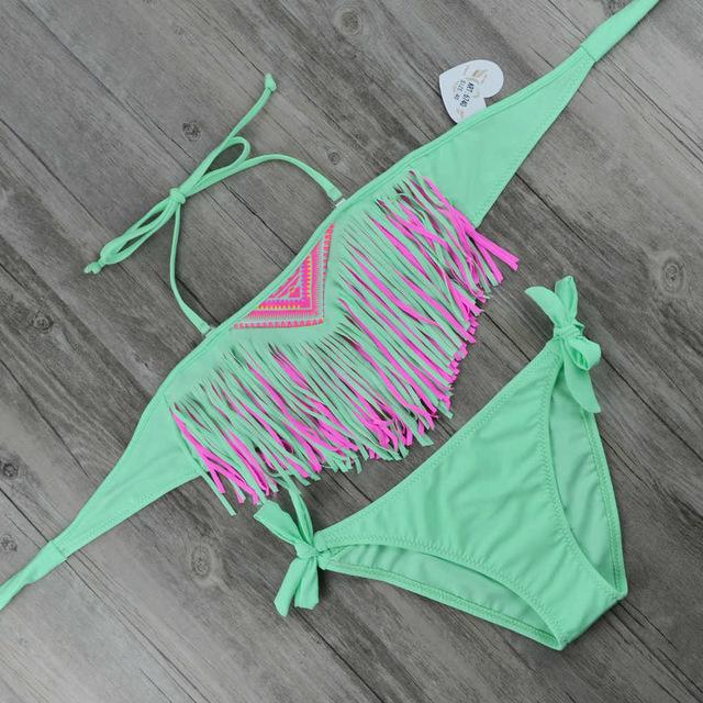 2019 Tassel Bikini For Girls With Pads Bandeau Children Swimwear Kids Two Piece Swimsuit 8-16 Years Old Swimming Suits Pink Teen