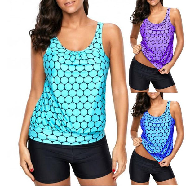 Big Size Polka Dot Swimwear Printed Round Neck Tankini Top and Shorts Women Bikinis Set S-5XL Large Sexy Swimsuit Female Biquini