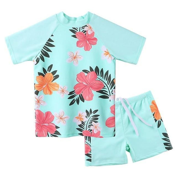 BAOHULU Short Sleeve Floral Girls Swimwear UPF50+ Children 2pcs Swimsuit Girls Kids Swimming Suits for 3-12 Years
