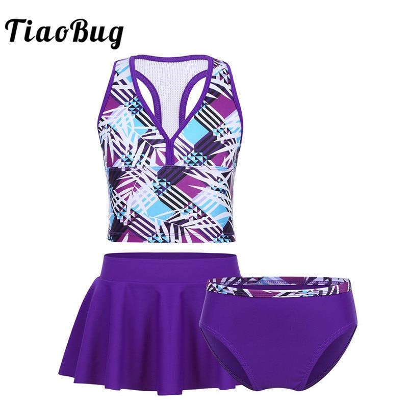 TiaoBug Kids Teens Purple Tankini Swimsuit Girls Swimwear Bathing Suit Plaid Crop Top with Bottoms Skirt Children Bikini Set