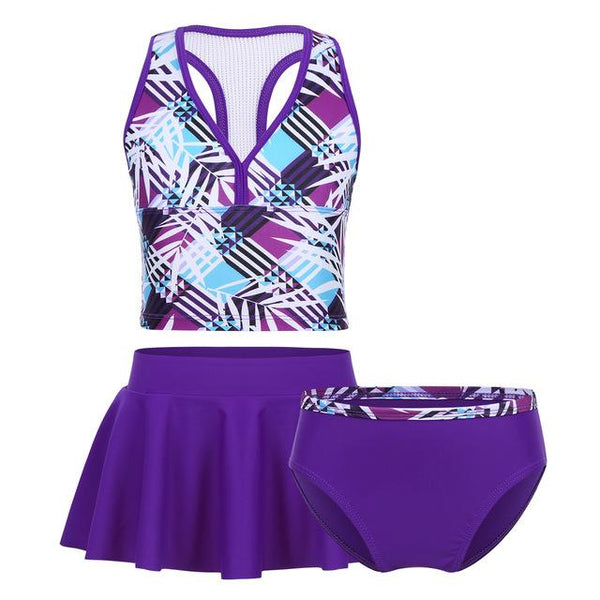 TiaoBug Kids Teens Purple Tankini Swimsuit Girls Swimwear Bathing Suit Plaid Crop Top with Bottoms Skirt Children Bikini Set