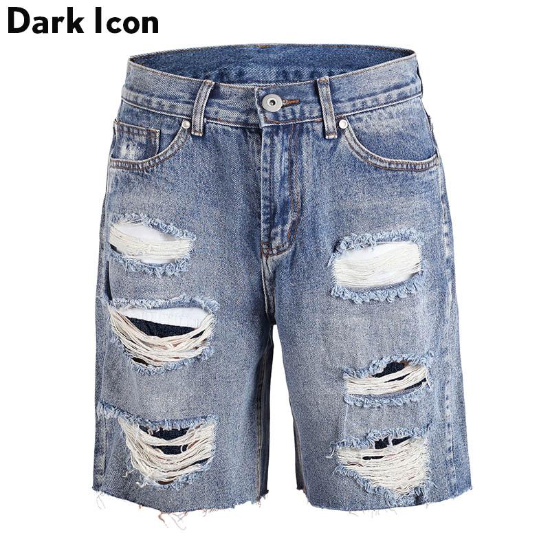 Dark Icon Ripped Shorts Men Denim Cotton Street Men's Shorts Black Blue 2019 Summer Hi-end Fashion Shorts for Men