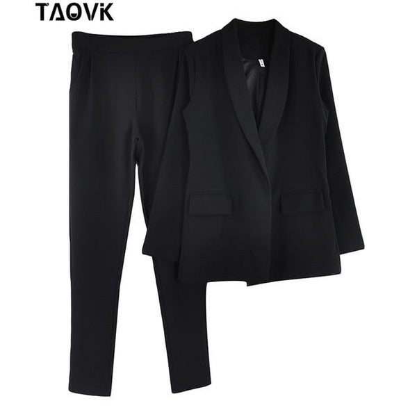 TAOVK Work Pant Suits OL 2 Piece Sets Turn-down Collar Blazer Jacket & Trouser Suit for Women Feminino Spring Autumn Workwear