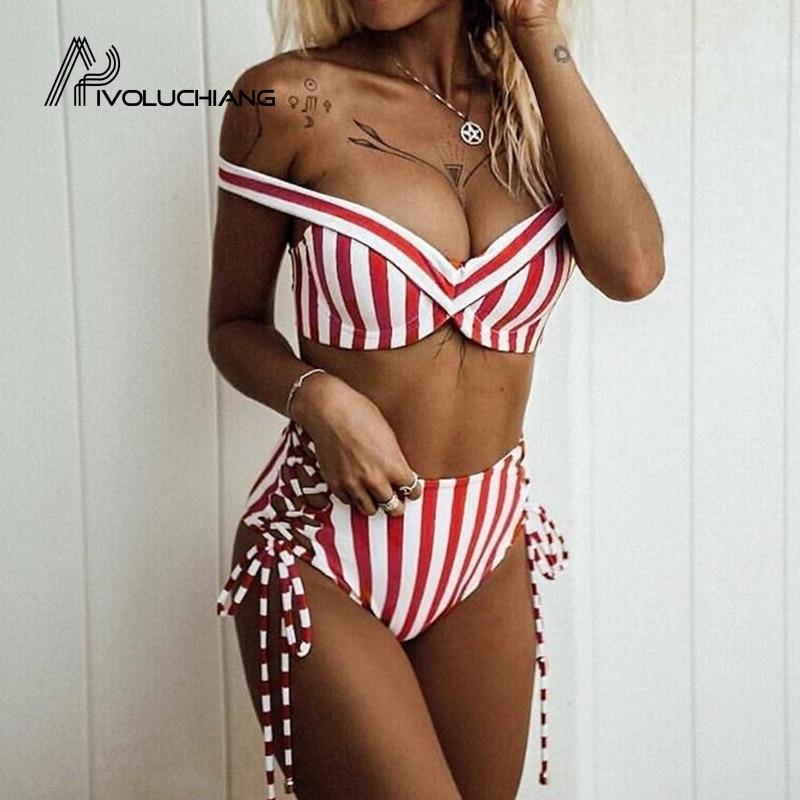 Red Striped Swimsuit Women High Waist Bikini Set Off Shoulder Swimwear 2019 Lace Up Bathing Suit Sexy Two-piece Push Up Bathers