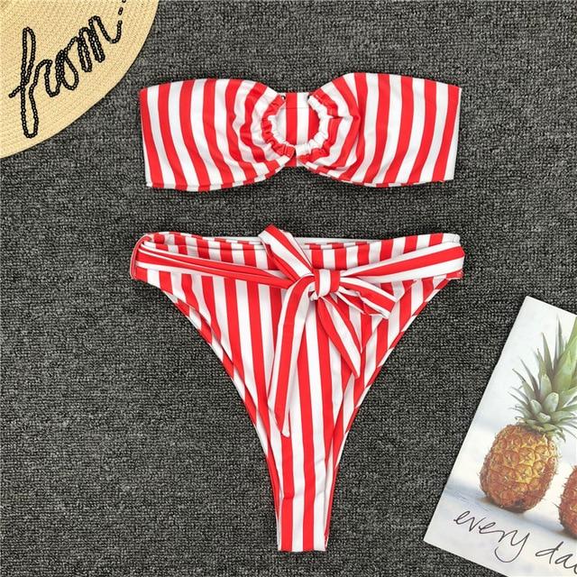 Red Striped Swimsuit Women High Waist Bikini Set Off Shoulder Swimwear 2019 Lace Up Bathing Suit Sexy Two-piece Push Up Bathers