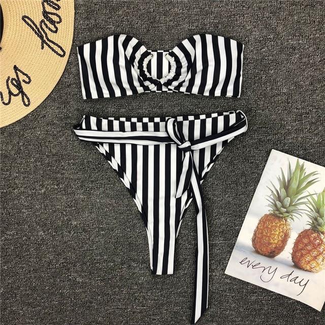 Red Striped Swimsuit Women High Waist Bikini Set Off Shoulder Swimwear 2019 Lace Up Bathing Suit Sexy Two-piece Push Up Bathers