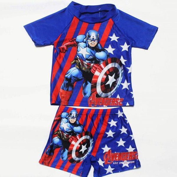 2-11Years Kids Teen Boys Swimwear 2pcs Swim Suit( T Shirt+ Trunk) Beach Swimsuits Sunblock Bathing Suit Superman Spiderman