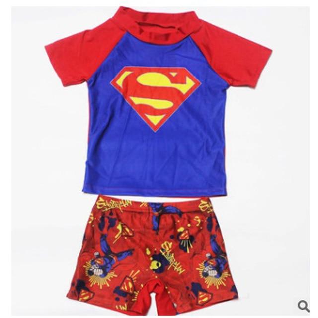 2-11Years Kids Teen Boys Swimwear 2pcs Swim Suit( T Shirt+ Trunk) Beach Swimsuits Sunblock Bathing Suit Superman Spiderman