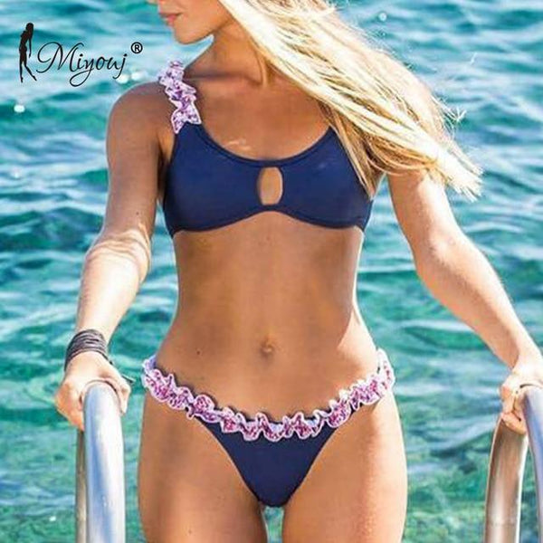 Miyouj Sexy Ruffle Bikini Floral Push Up Swimsuit Women Lace Up Swimwear String Bathing Suit Monokini Biquini Wave Bikini Set XL