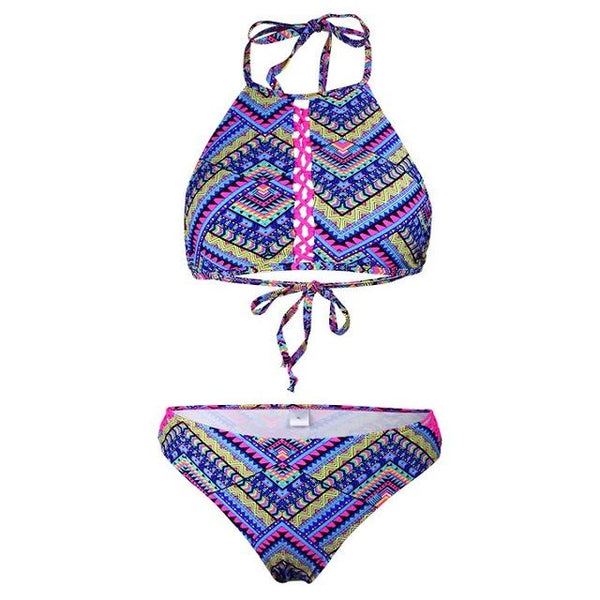 Sexy Crop Halter Bikini Set Women Swimsuit Ethnic Print Slim Swimwear Low Waist Triangle Brazilian Girls Two Piece Bathing Suit