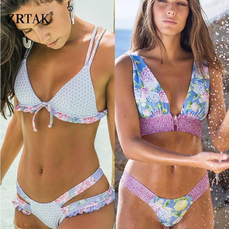Zrtak Ruffle Bikini Bandage Floral Bow Swimsuit Female Swimwear Print Lace UP Biquini Feminino Bathing Suit Women Bikini Set