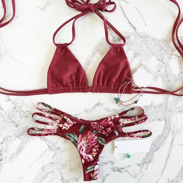 2019 Bikinis Women Swimwear Push Up Bikini Set Swimsuit Top Solid Bottom Print Brazilian Biquini Bathing Suit Swim Wear Beach