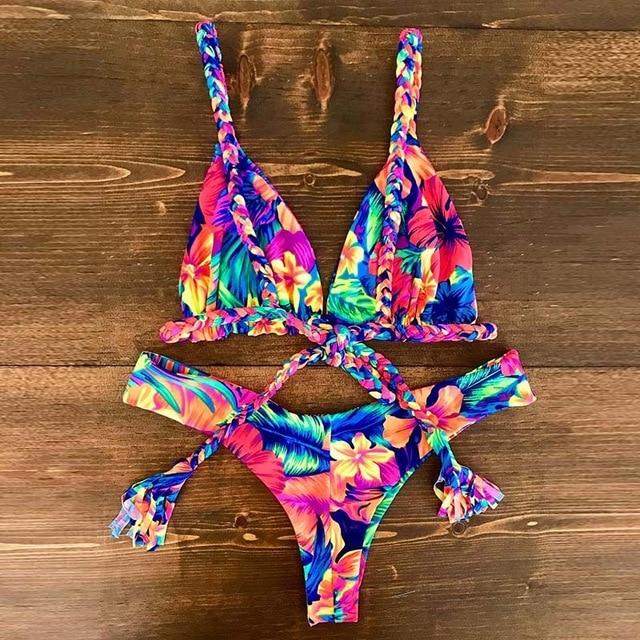2019 Bikinis Women Swimwear Push Up Bikini Set Swimsuit Top Solid Bottom Print Brazilian Biquini Bathing Suit Swim Wear Beach
