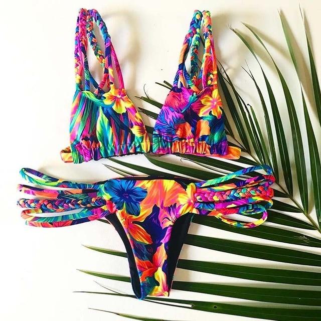 2019 Bikinis Women Swimwear Push Up Bikini Set Swimsuit Top Solid Bottom Print Brazilian Biquini Bathing Suit Swim Wear Beach