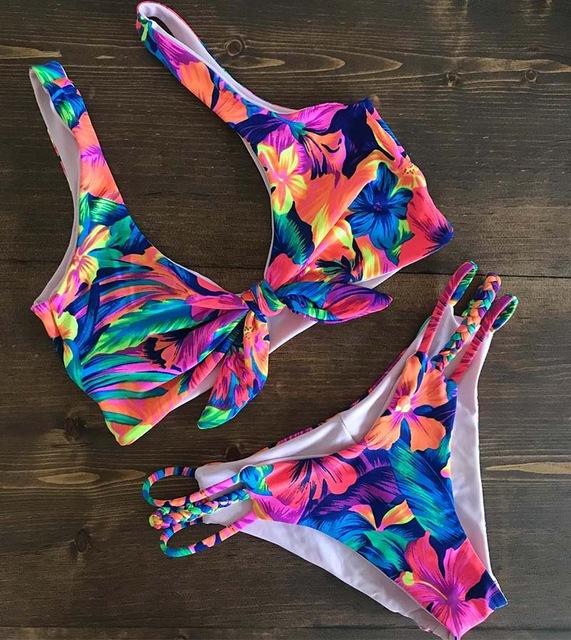 2019 Bikinis Women Swimwear Push Up Bikini Set Swimsuit Top Solid Bottom Print Brazilian Biquini Bathing Suit Swim Wear Beach