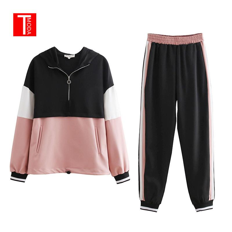 2019 Tracksuit Women Two Piece Set Outfits for Women Slim Color Stitching Jacket Casual Jacket and Jogging Casual Pants Suit