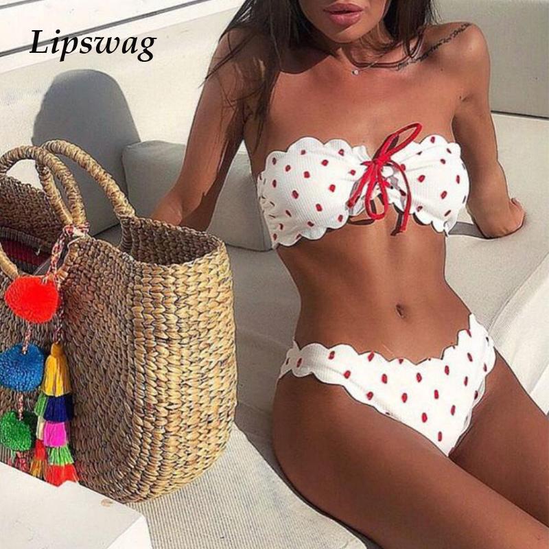 polka dots Print Bikini set Swimwear Women sexy strapless Bandeau Bikini Swimsuit Lace Up Biquini Bathing suit maillot de bain