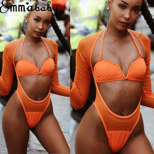 2pcs Sexy Women Long Sleeve Mesh Bikini Set Tankini Crop Top Orange Beach Bathing Suit Swimwear 2019 New