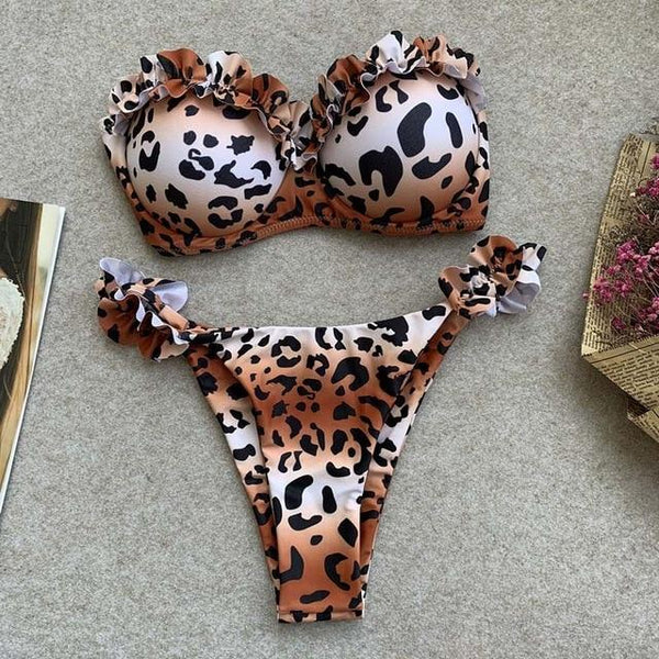 Padded Push Up Bikini Set Underwire Flower Ruffles Swimsuit For Women Sexy Solid Bandeau Female Bathing Suit 2018 Summer Biquini