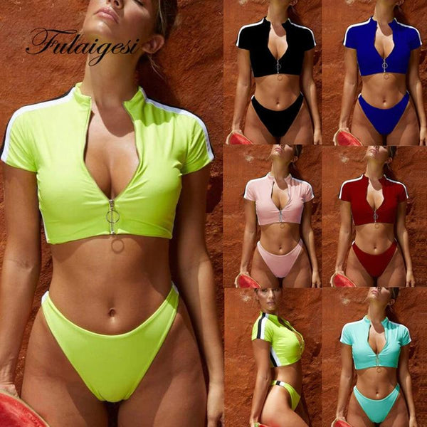 Sexy Solid Black Red Blue Green Bikini Set sport women swimwear 2019 swimsuit surf zipper padded bathing suit tankini set Female