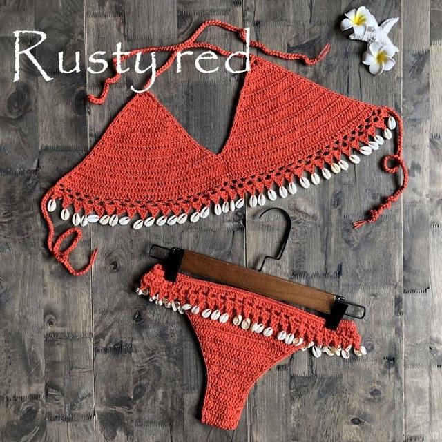 Crochet Bikini Set Shell Tassels Bikini Brazilian Crochet Swimsuit Women Halter Swimwear Strappy Bikinis Free Shipping  2019 New