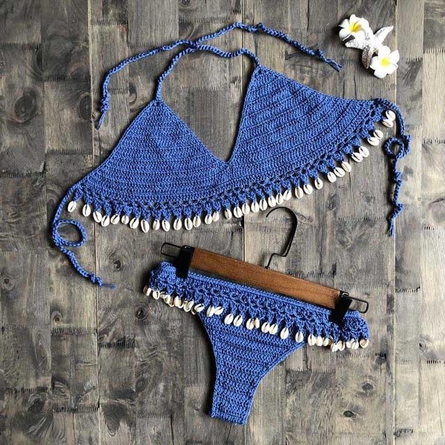 Crochet Bikini Set Shell Tassels Bikini Brazilian Crochet Swimsuit Women Halter Swimwear Strappy Bikinis Free Shipping  2019 New