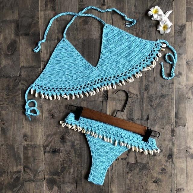 Crochet Bikini Set Shell Tassels Bikini Brazilian Crochet Swimsuit Women Halter Swimwear Strappy Bikinis Free Shipping  2019 New
