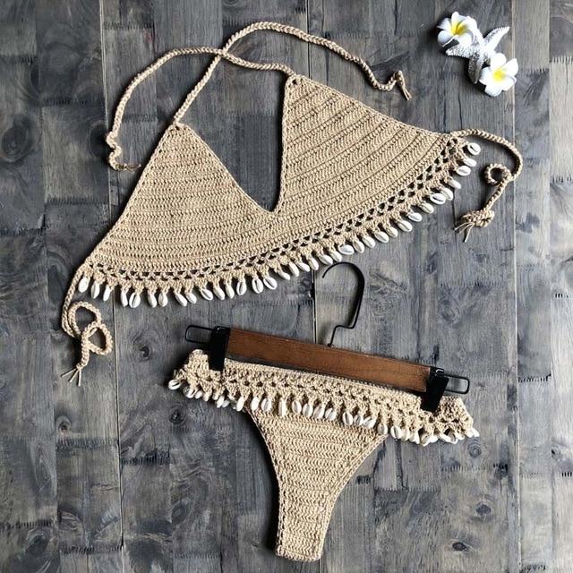Crochet Bikini Set Shell Tassels Bikini Brazilian Crochet Swimsuit Women Halter Swimwear Strappy Bikinis Free Shipping  2019 New