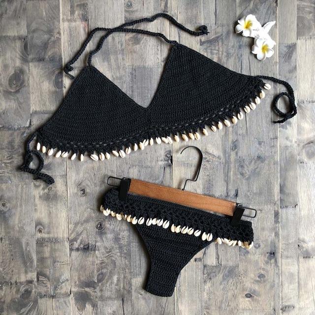 Crochet Bikini Set Shell Tassels Bikini Brazilian Crochet Swimsuit Women Halter Swimwear Strappy Bikinis Free Shipping  2019 New