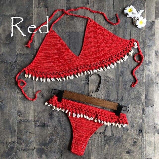Crochet Bikini Set Shell Tassels Bikini Brazilian Crochet Swimsuit Women Halter Swimwear Strappy Bikinis Free Shipping  2019 New