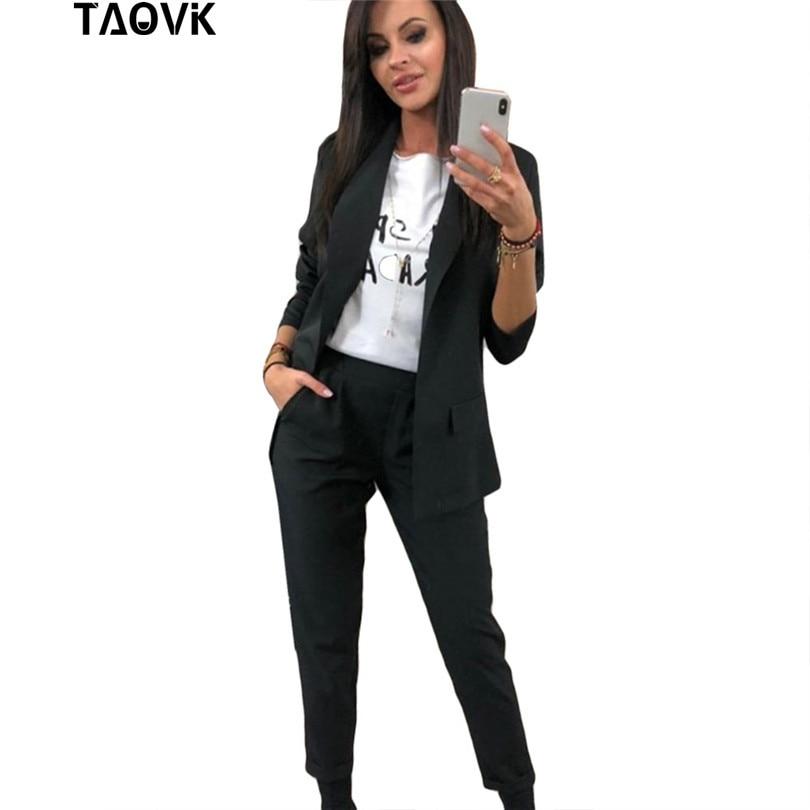 TAOVK Work Pant Suits OL 2 Piece Sets Turn-down Collar Blazer Jacket & Trouser Suit for Women Feminino Spring Autumn Workwear