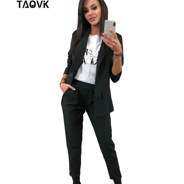TAOVK Work Pant Suits OL 2 Piece Sets Turn-down Collar Blazer Jacket & Trouser Suit for Women Feminino Spring Autumn Workwear