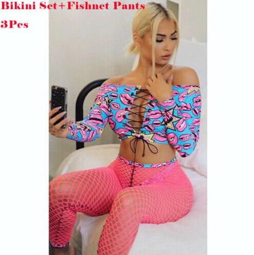 Summer Womens Mesh Lips Printed Swimsuit Swimwear Ladies Off Shoulder Bandage Bikini Set+Fishnet Pants Swimming Trunks 3Pcs Set