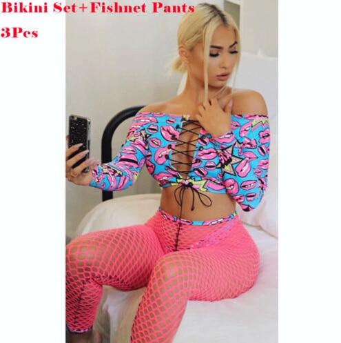 Summer Womens Mesh Lips Printed Swimsuit Swimwear Ladies Off Shoulder Bandage Bikini Set+Fishnet Pants Swimming Trunks 3Pcs Set