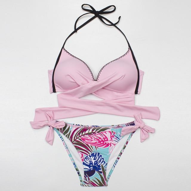 ESSV 2019 Bikini Women Swimsuit Push Up Swimwear Criss Cross Bandage Halter Bikini Set Beach Bathing Suit Swim Wear S~XXL