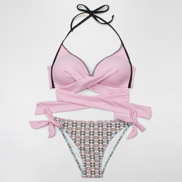 ESSV 2019 Bikini Women Swimsuit Push Up Swimwear Criss Cross Bandage Halter Bikini Set Beach Bathing Suit Swim Wear S~XXL